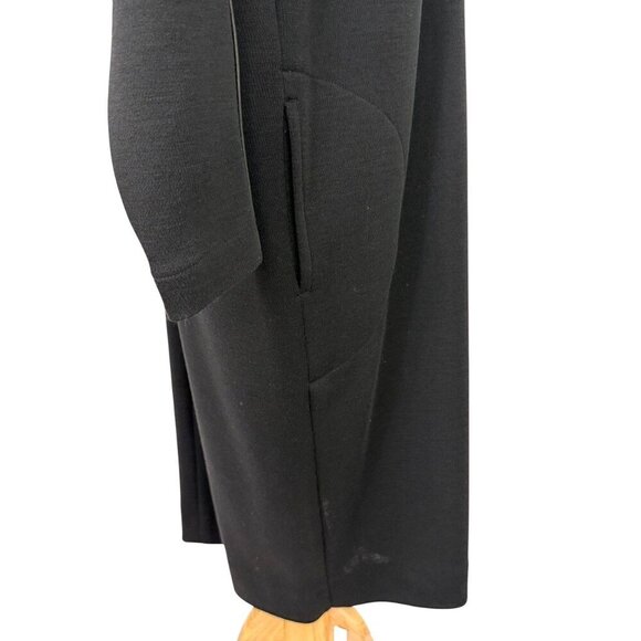 Caroline Rose Black Wool Dress Leather Trim Retro Shoulder Pads Pockets Size M - Picture 5 of 14